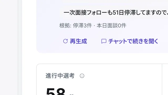 ダッシュボードの進行中選考58件・今週の面談・面接などの KPI